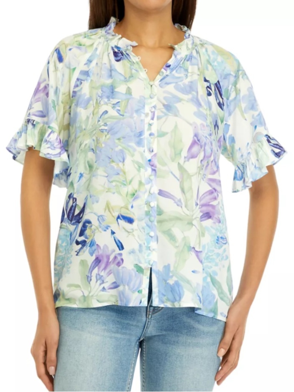 < Philosophy Blue Floral Button Front Blouse Size Medium >